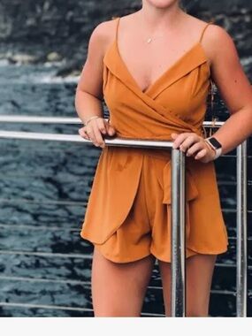Style Rack Mustard Wrap Romper - Sleeveless Spaghetti Strap